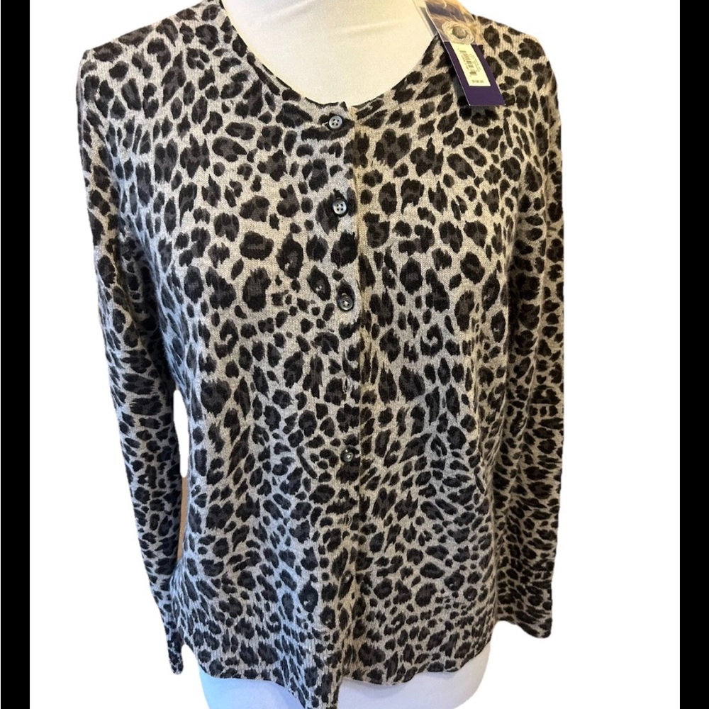 Tan/Brown/Black  Cashmere Leopard Print Button Cardigan NWT Large Apt9